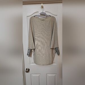 Chic Beige Sweater with Striped Sleeves